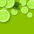 Lime green background. Sliced limes pieÃÂes Royalty Free Stock Photo